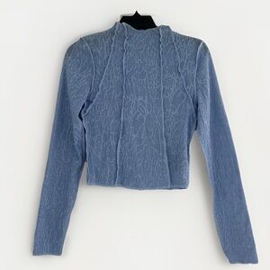 NEW Cyber Y2K Baby Blue Mesh Crop Top exposed Seams Lettuce Trim Long Sleeve M